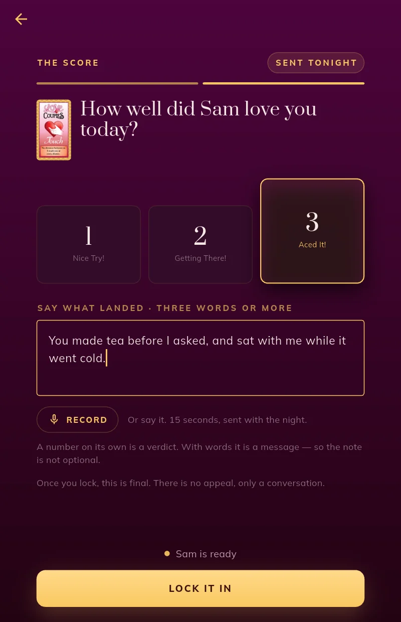 Scoring the day, with a note and an optional voicenote.